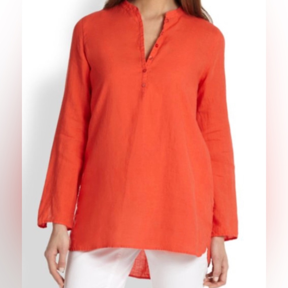 Eileen Fisher Organic Linen Mandarin Collar Long Sleeve Popover Tunic Size XXS